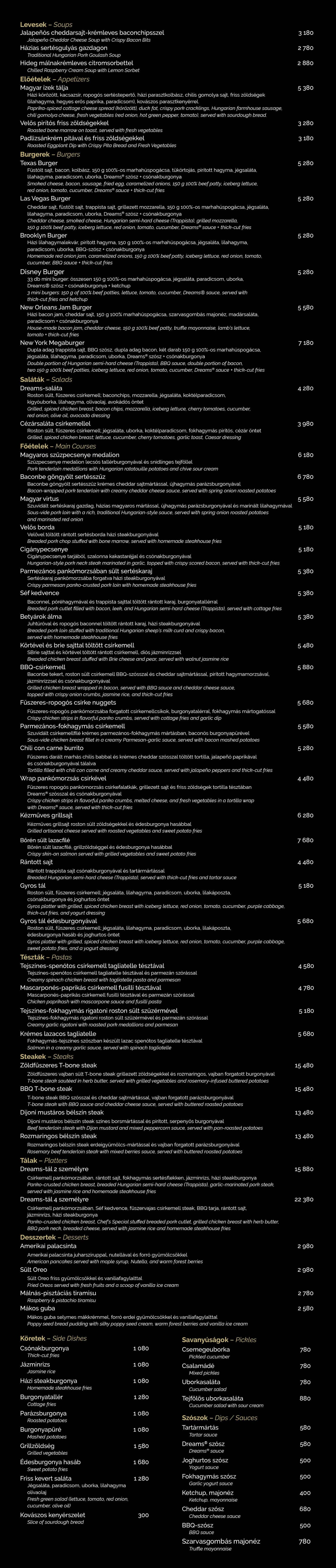 Dreams Étterem étlap Székesfehérvár – burgerek, steakek, főételek, desszertek és különleges italok