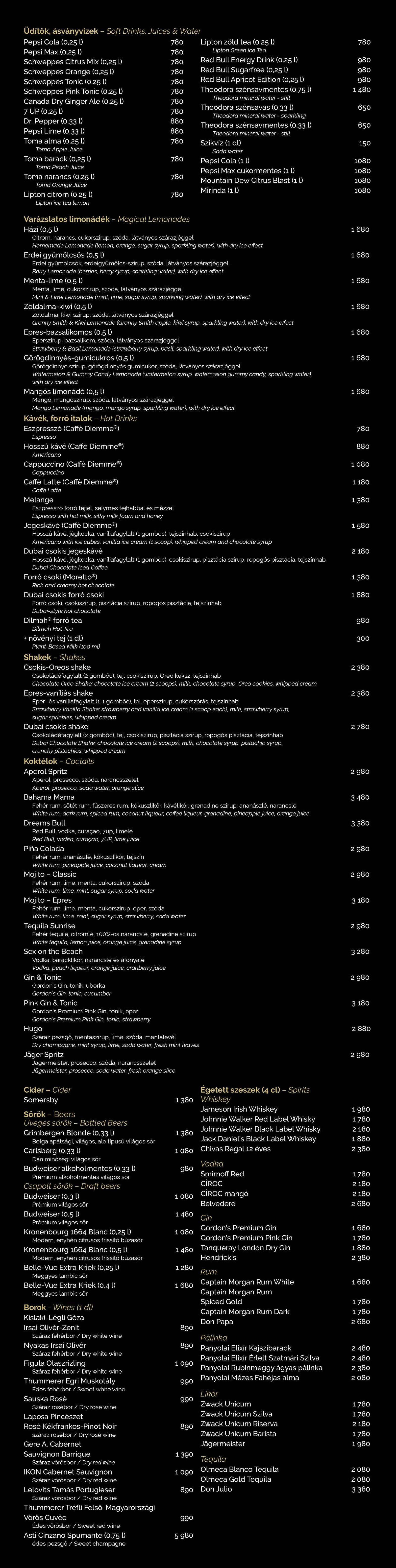 Dreams Étterem itallap Székesfehérvár – koktélok, limonádék, kávék, borok, sörök és prémium italok